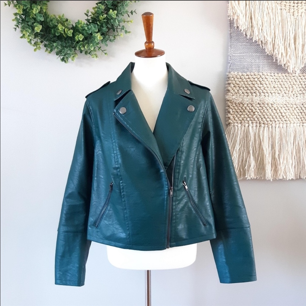 ELOQUII 14/16 Faux Leather Moto Jacket Dark Green